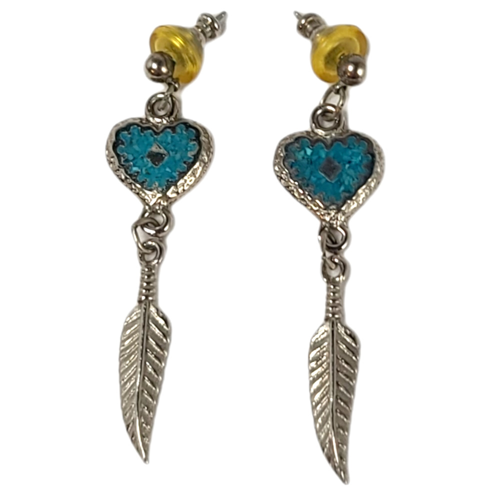 Vintage Pewter Turquoise Heart Feather Dangle Earrings Signed EGE 1991 Southwest